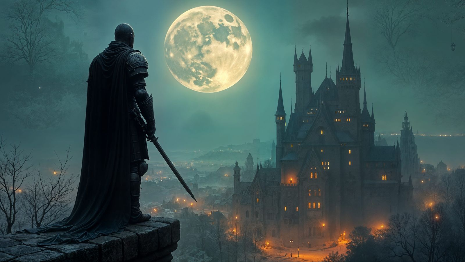 Ghost Warrior Overlooks Medieval Village at Night