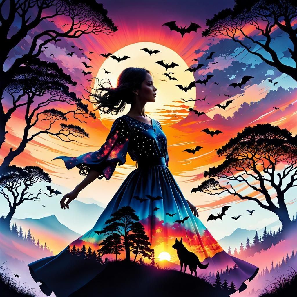 Sunset Dress Silhouette in Double Exposure Collage