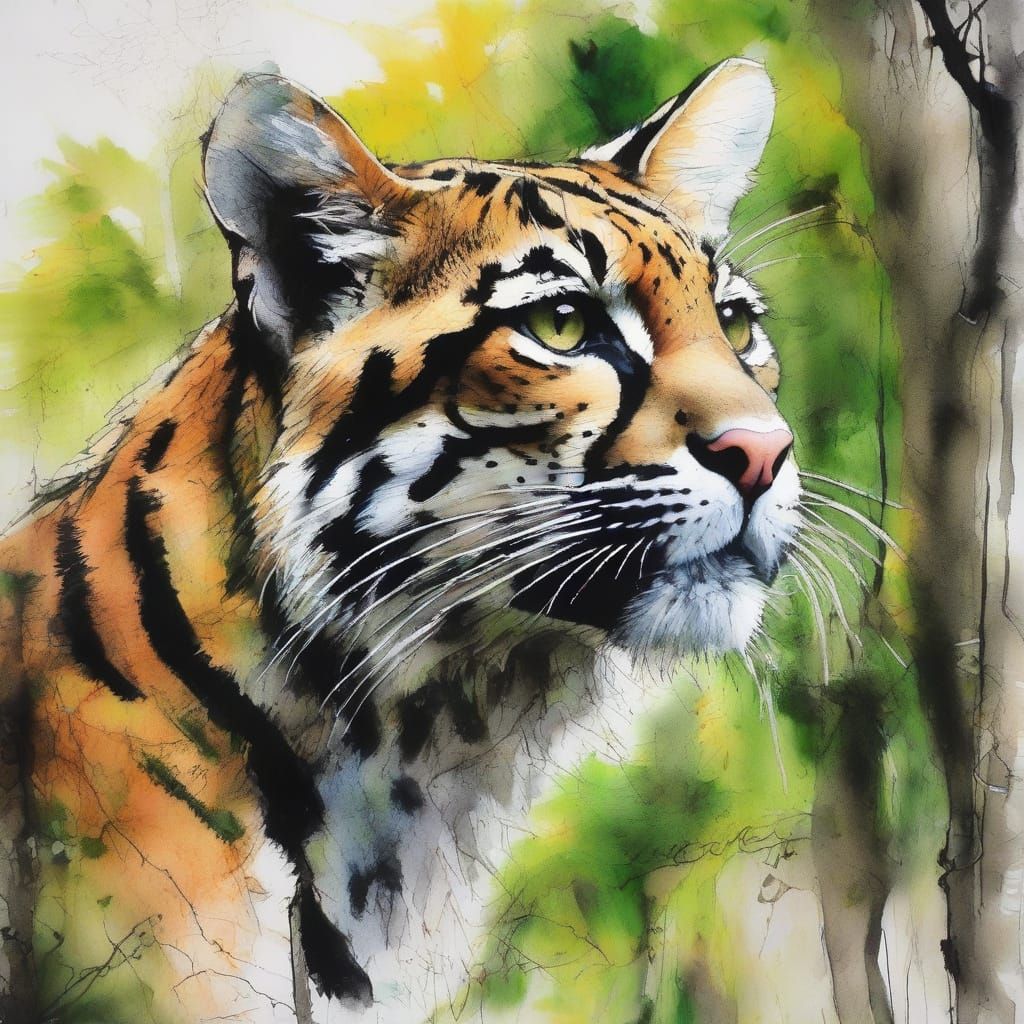 Ocelot in Thorn Forest: Sumi-e Ink Drawing