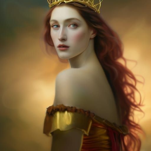 Pre-Raphaelite Queen in Red Dress with Crown