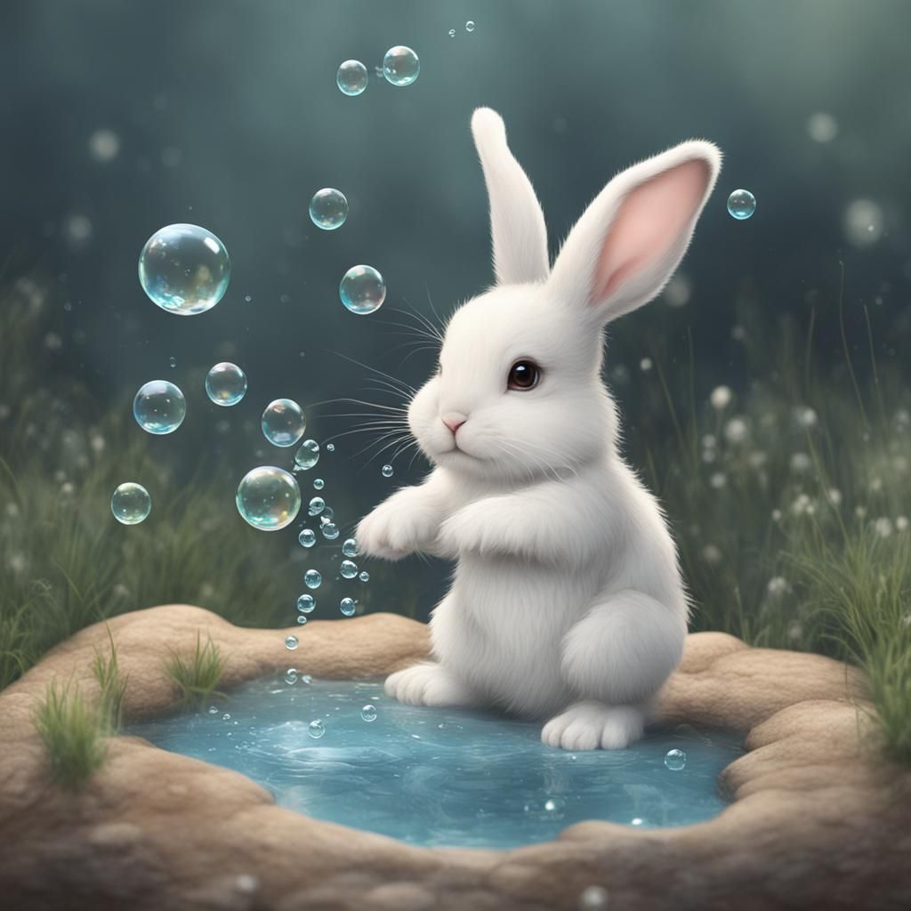 Cute Bunny Blowing Bubbles in Water