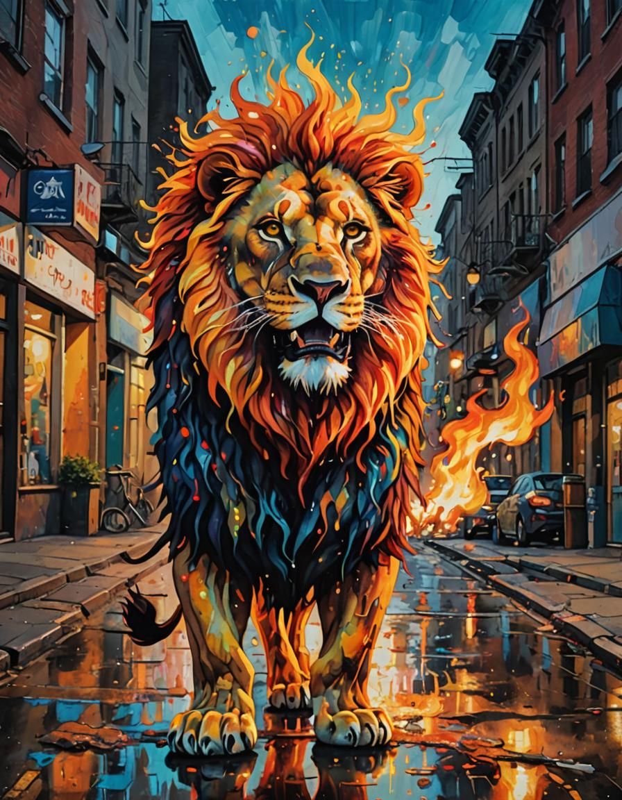 Flaming Lion Walking: Surreal Street Art