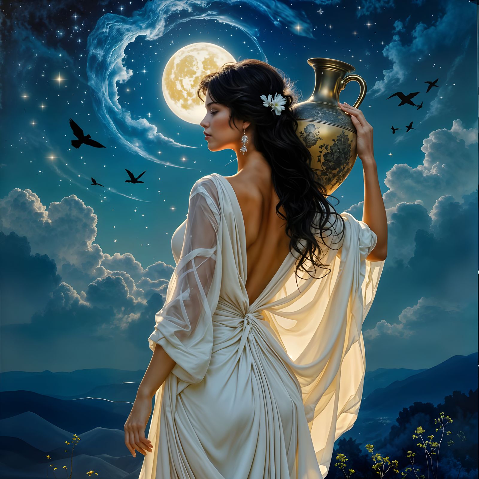 Elegant Woman Carries Amphora Under Starry Sky