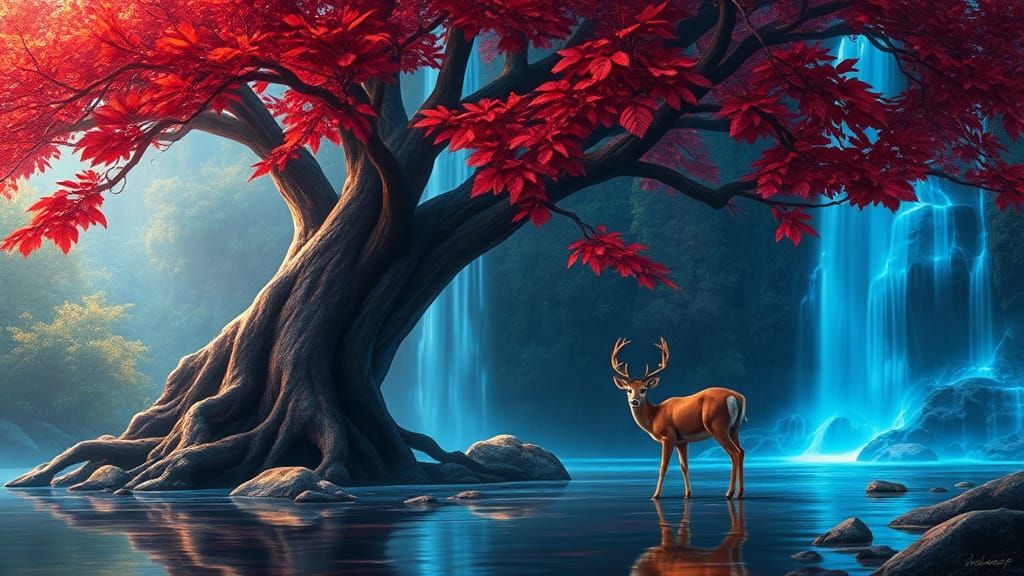 Ancient Tree with Red Leaves and Blue Waterfall