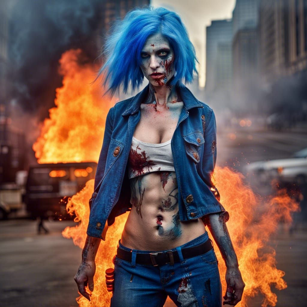 Blue-Haired Zombie Girl Portrait in Burning City