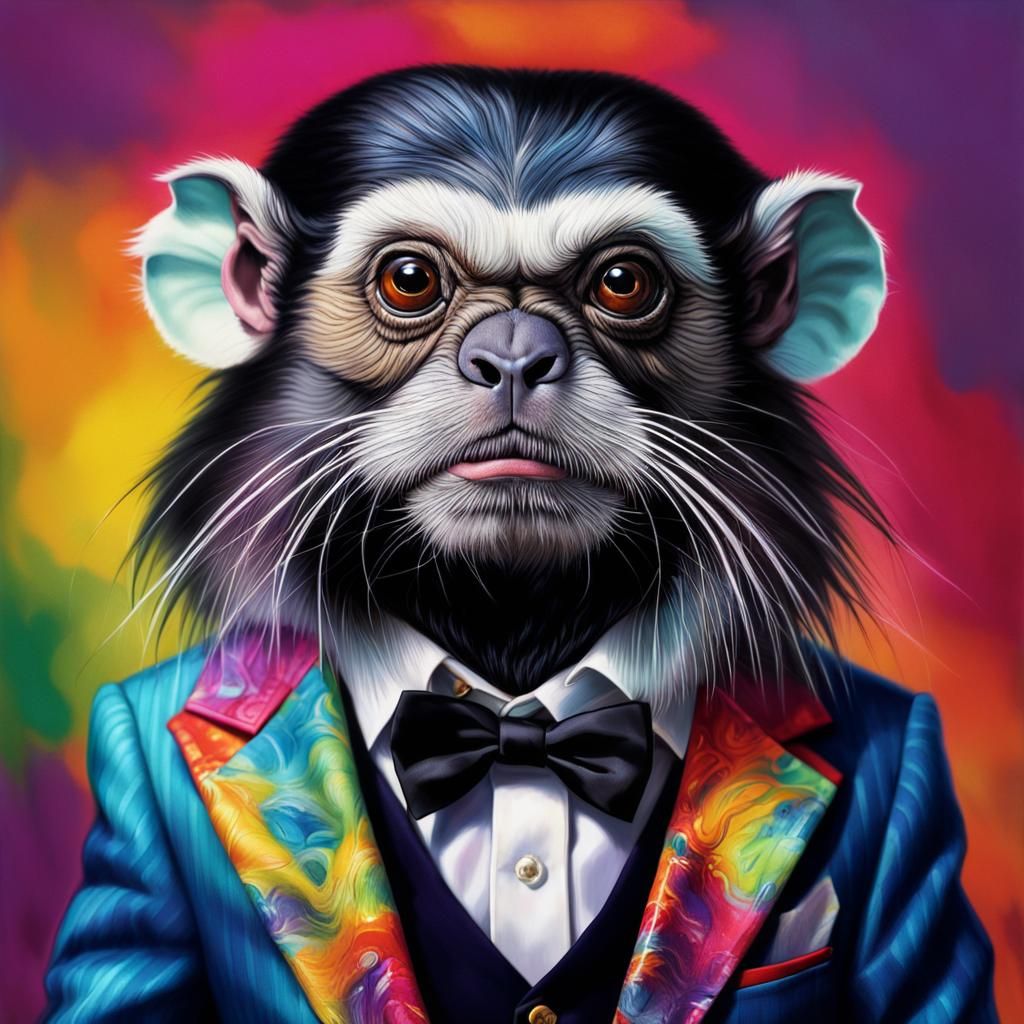 Emperor Tamarin Monkey in Colorful Suit: Hyperrealistic Art