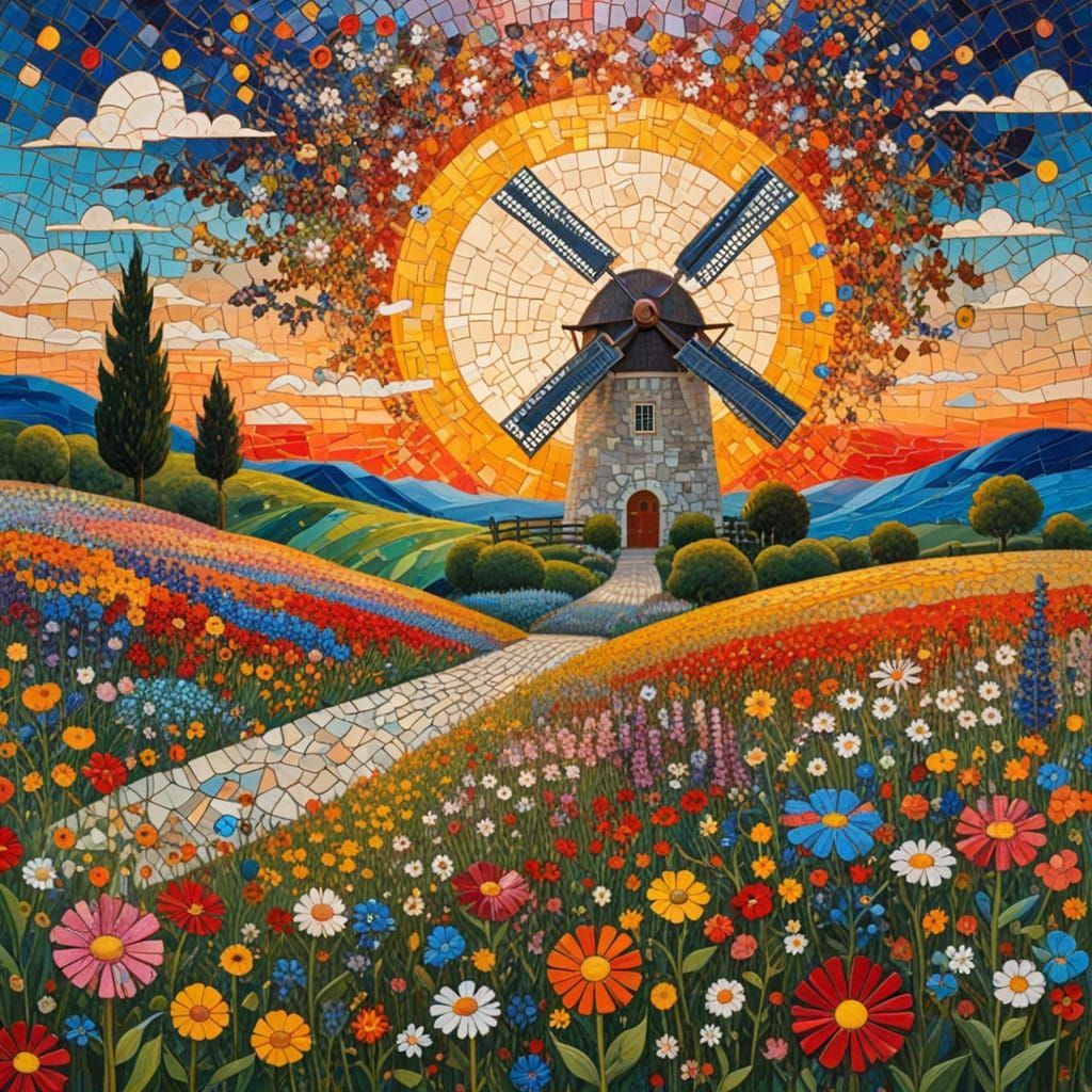 Wildflower Sunset Landscape with Mosaic Background