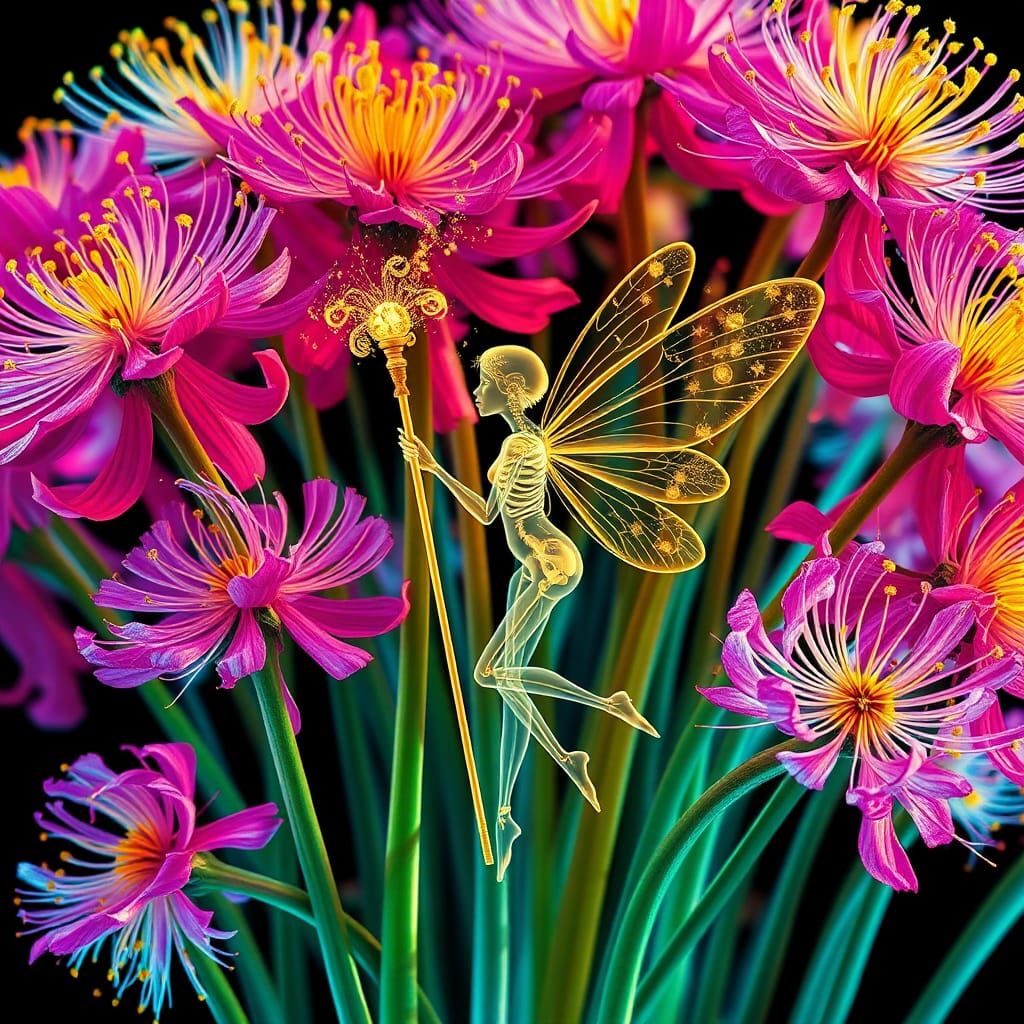 X-Ray Rainbow Allium Blossoms with Steampunk Fairy