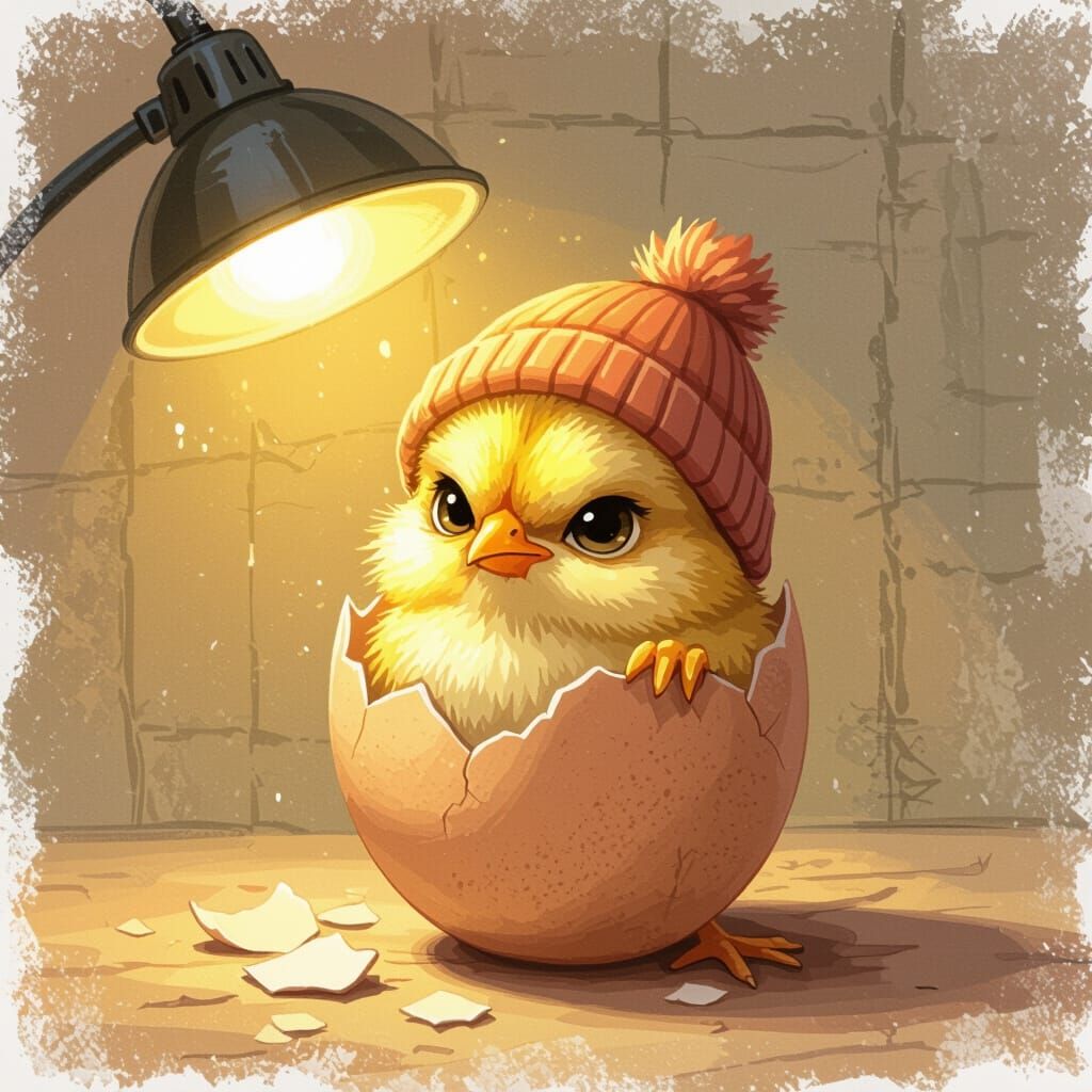 Grumpy Chick Hatches in Whimsical Painterly Style