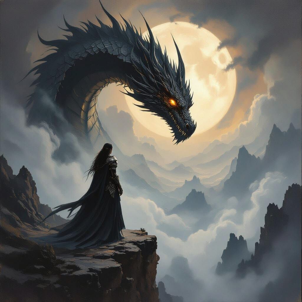 Warrior Princess Confronts Dragon in Dramatic Chiaroscuro Oi...