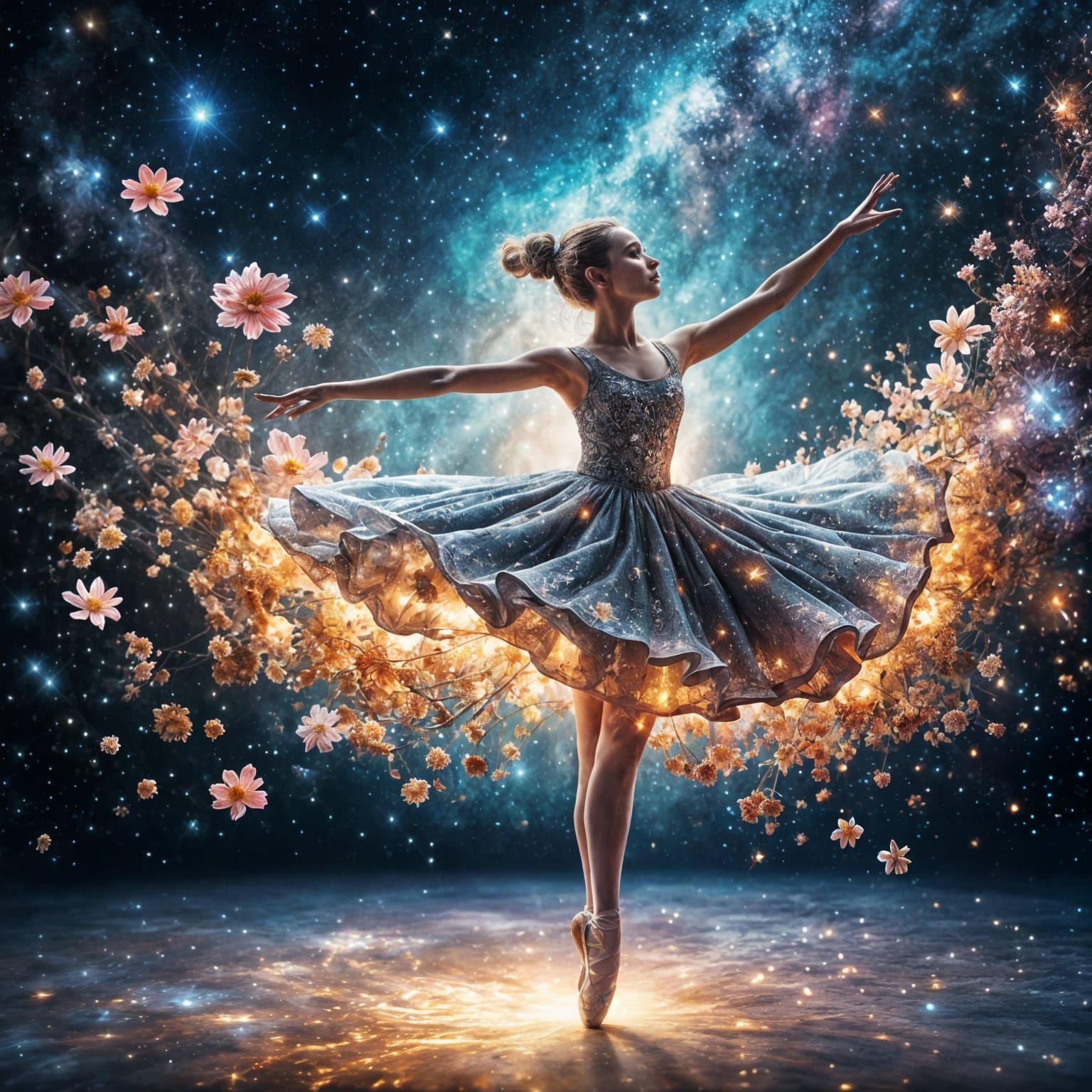 Ballerina in Galaxy Dress: Hyperrealistic Digital Art