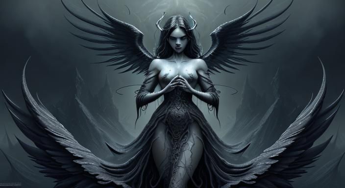 an male angel with black angel wings, angel of death, hell, ...