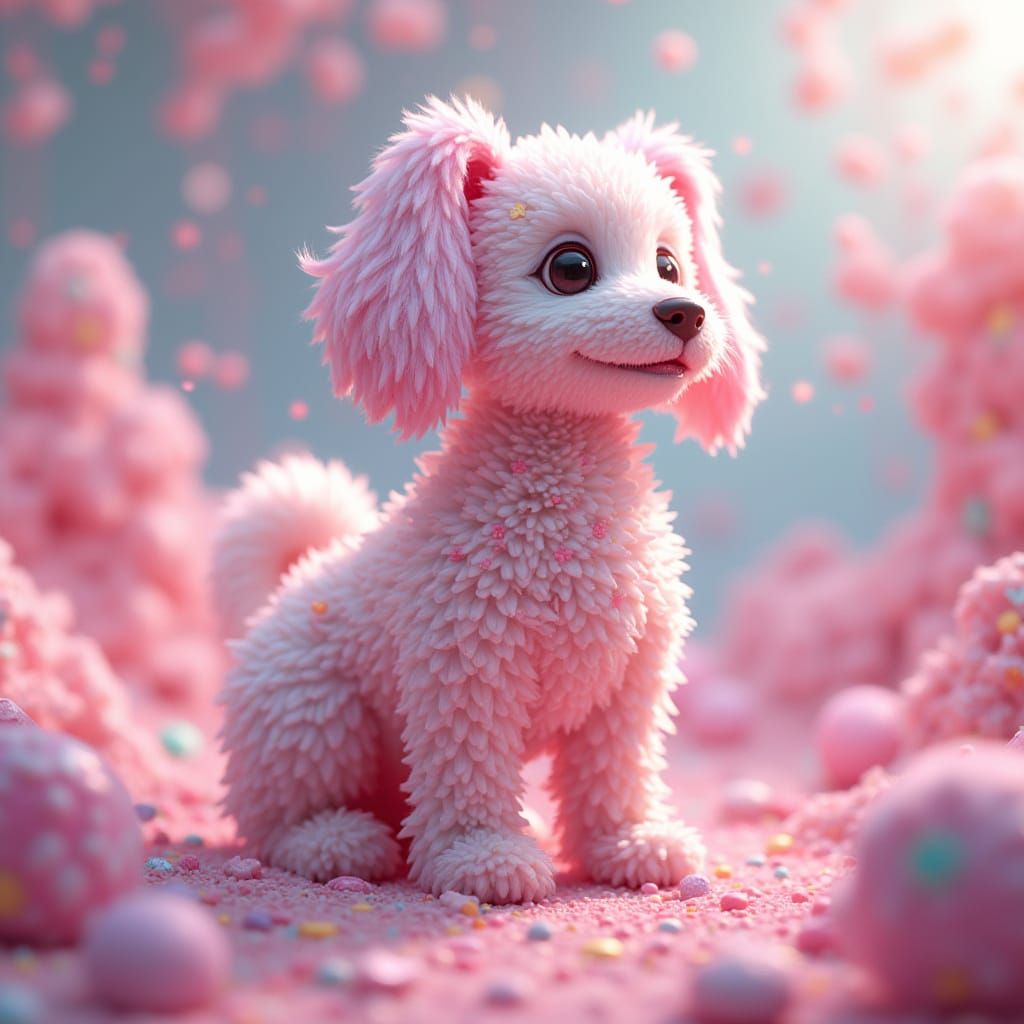 Whimsical Candy Dog in Vibrant Fantasy Landscape