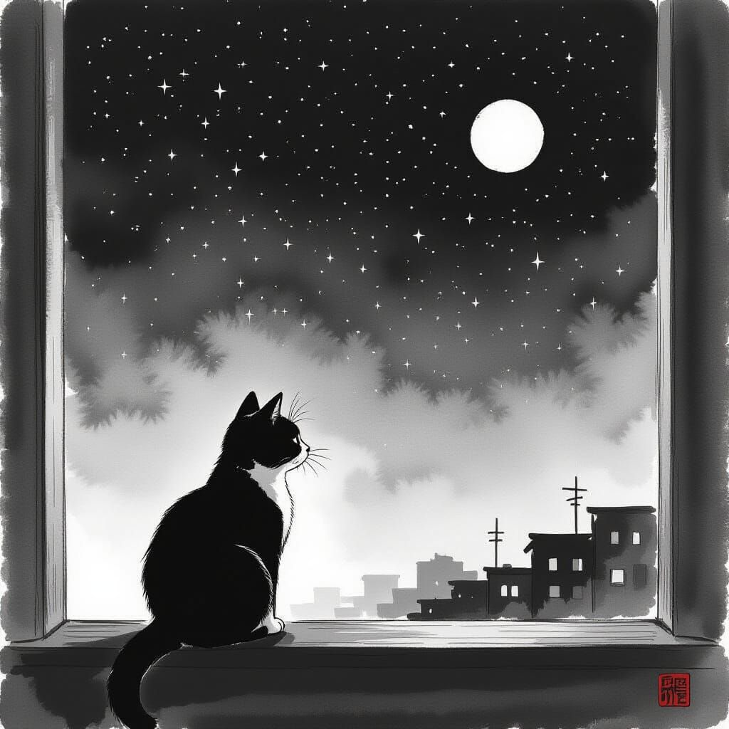 Minimalist Black and White Cat Painting of Starry Night Sky