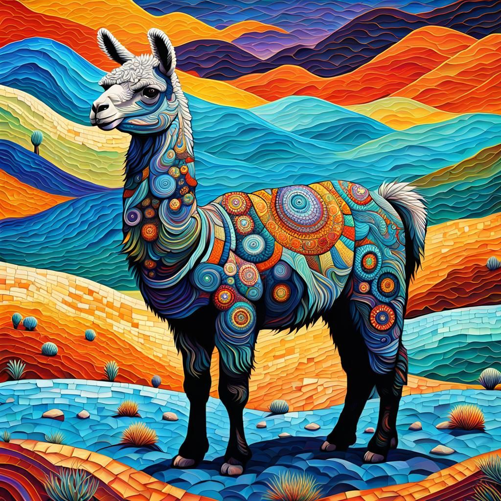 Mosaic Lama in Desert: Abstract Expressionist Painting