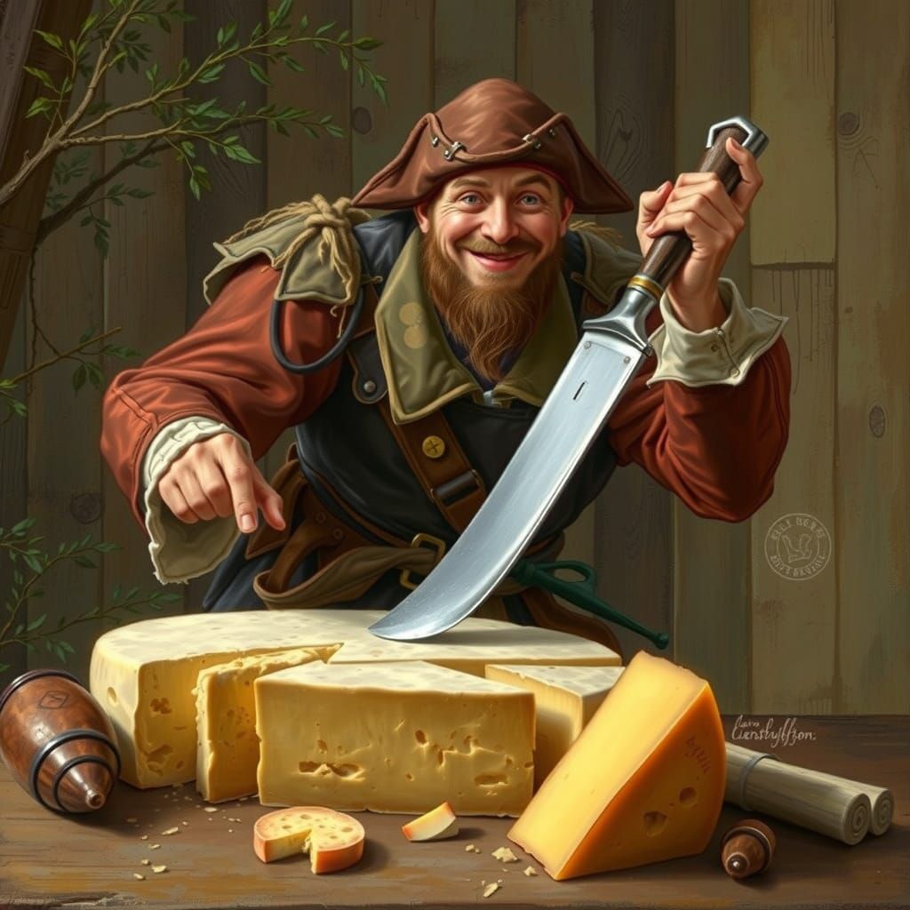 Jovial Pirate Cheese Merchant in Rustic Shop