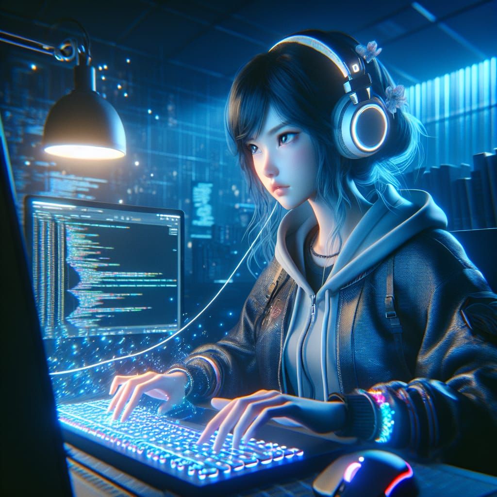 Stylish Teenager Coding in Modern Room with RGB Lighting