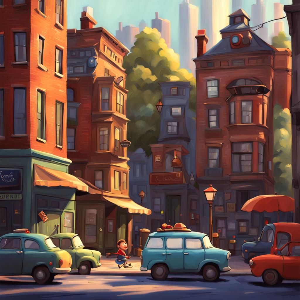 Urban street scene in the style of pixar