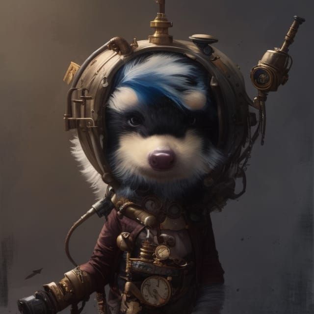 the portrait of an adorable chibified steampunk SKUNK, gorgeous wet doe-eyes, awwchang, Cedric Peyravernay, Ismail Inceo...