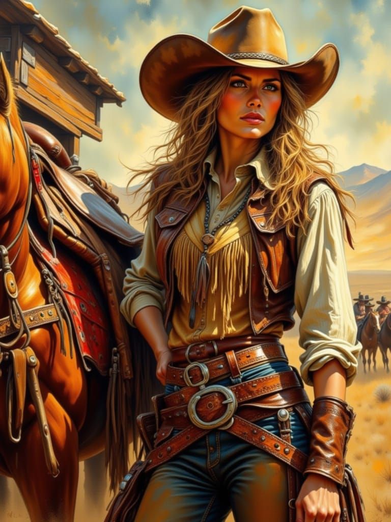 Cowgirl and Saddle in Golden Afternoon Light