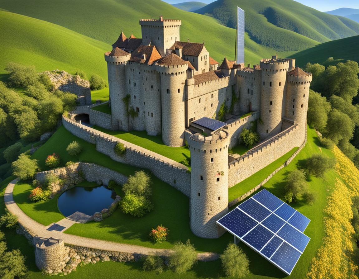 Medieval Castle with Renewable Energy on Sunny Day