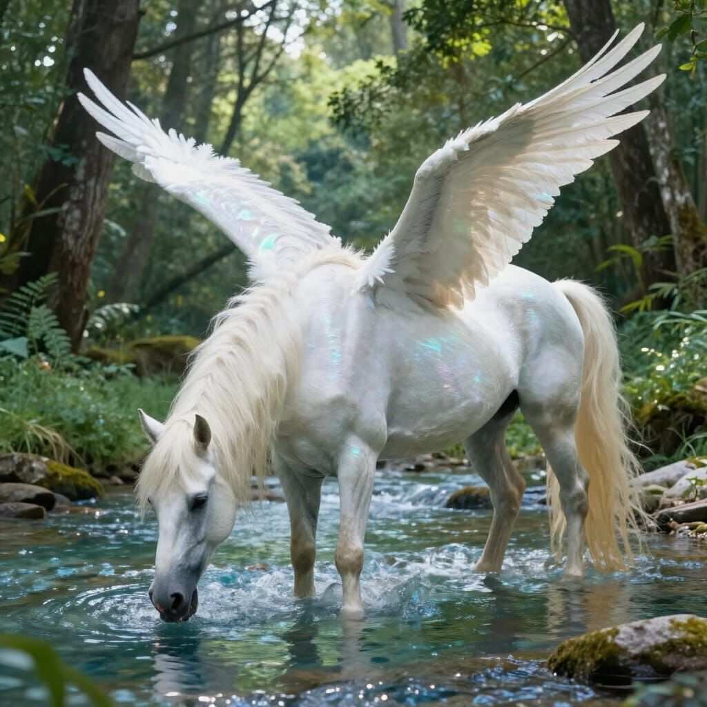 Majestic Winged Horse in Sun-Dappled Forest