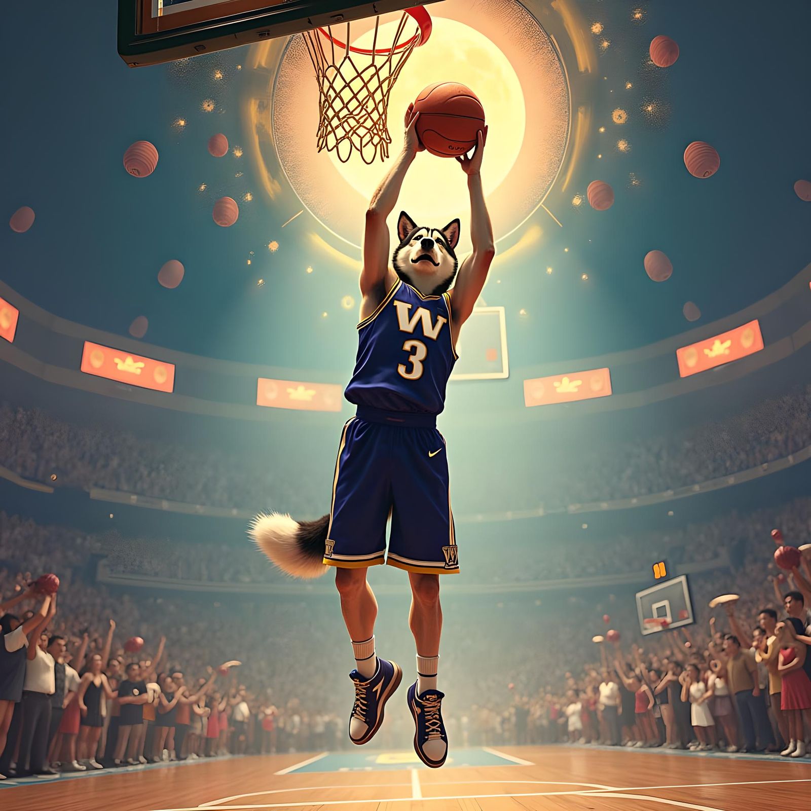 Husky Mascot Plays Basketball in Rockwell Style
