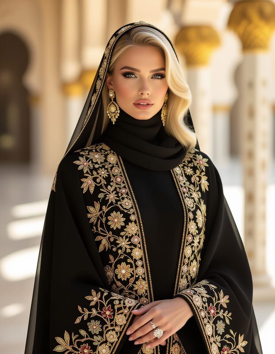 High Fashion Abaya with Jewel Tones, Cinematic Photo