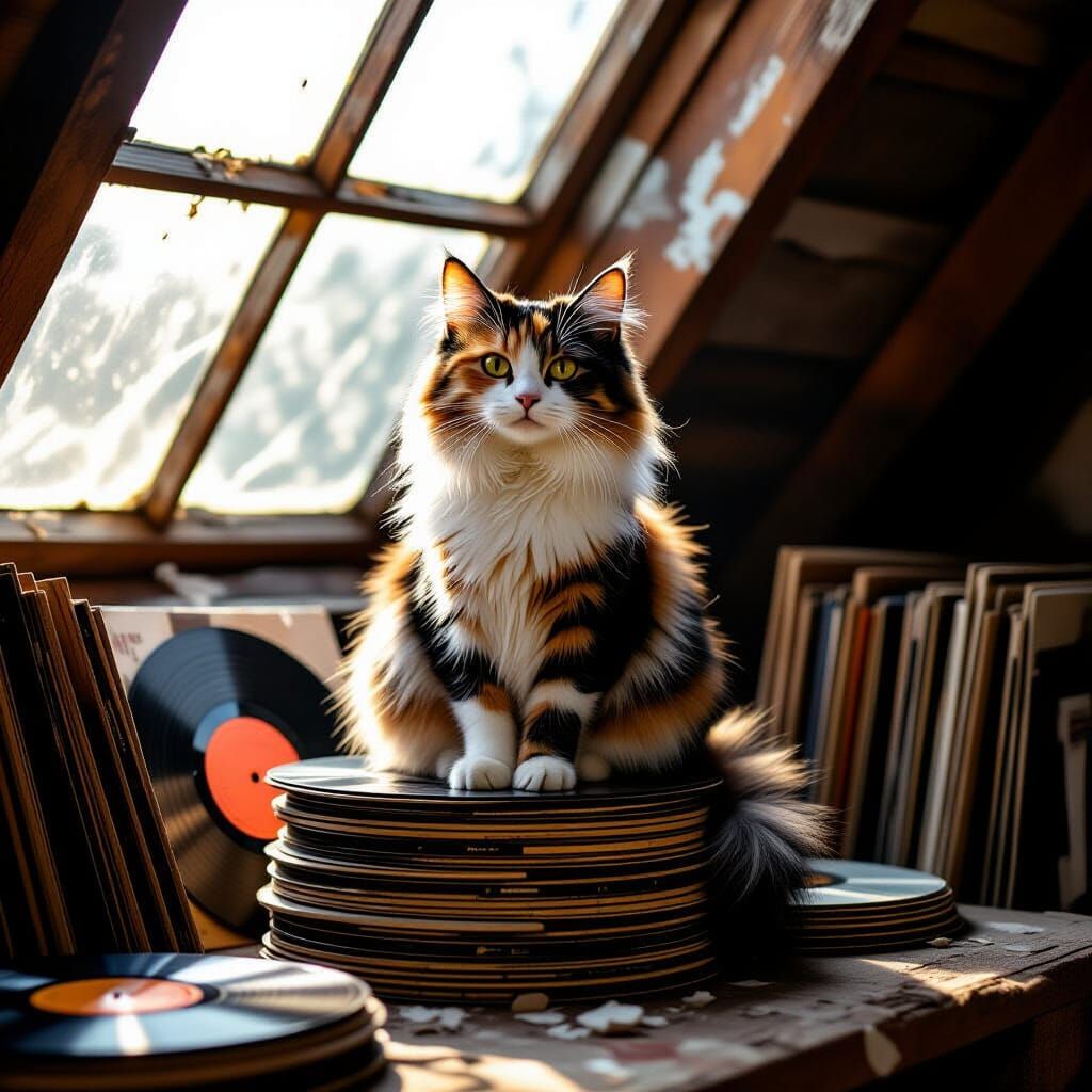 Regal Calico Cat on Vinyl Records in Dusty Attic