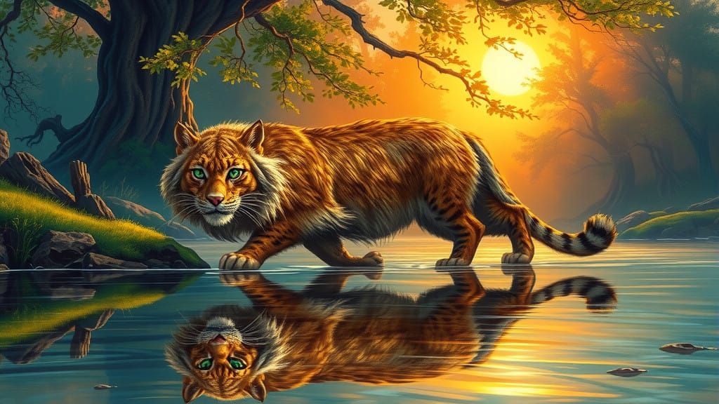 Surreal Sunset Encounter with a Majestic Sabertooth Cat