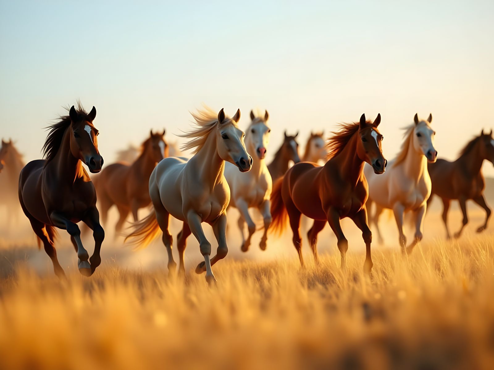 Wild Horses Gallop Across Open Plains in Hyperrealistic Styl...
