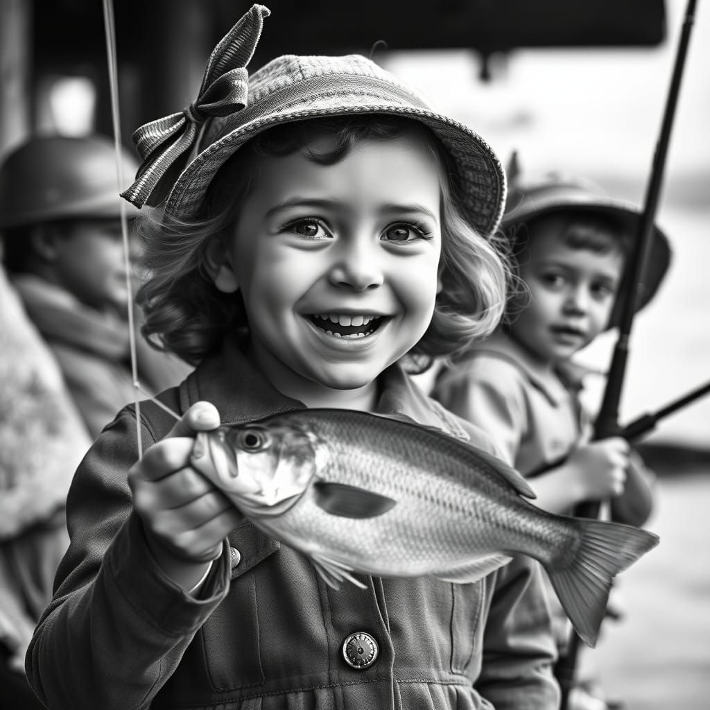Vintage 1940s Girl Displays Catch, Brother Fishing in Backgr...