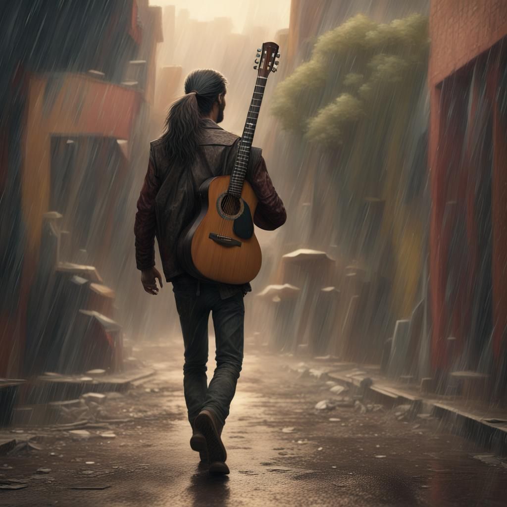 Man Walking in Rainy Mexican Town With Guitar