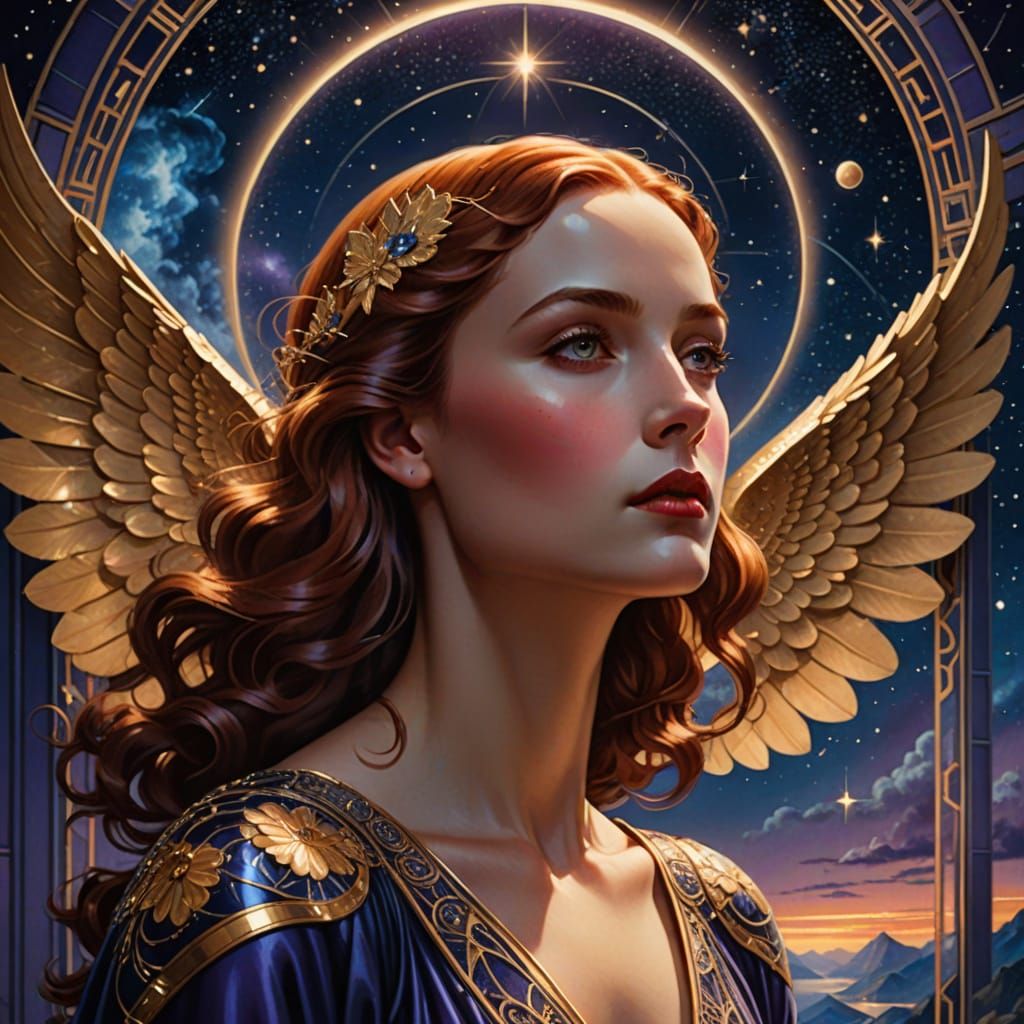 Art Deco Celestial Woman on Nebula Balcony