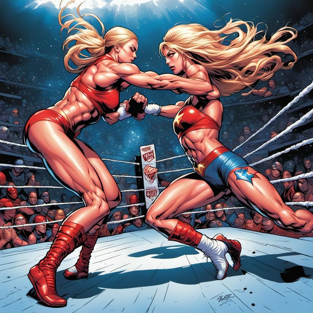 Super Girls Wrestling in Comic Book Style