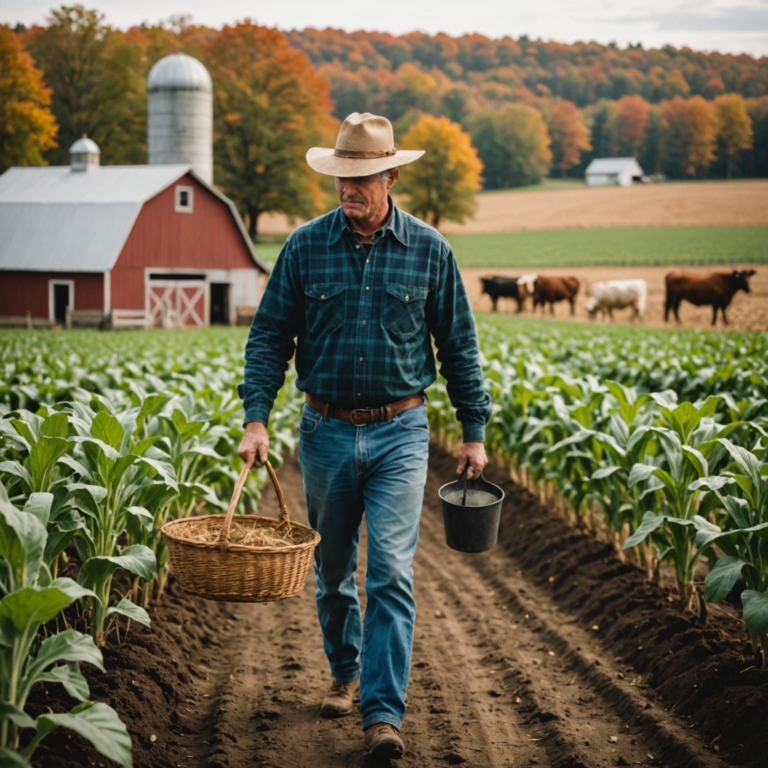 Farmer Explores Picturesque American Farm Landscape