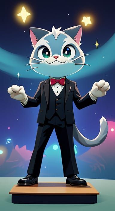 Dapper Cat Conducts Magical Orchestra Under Starlight