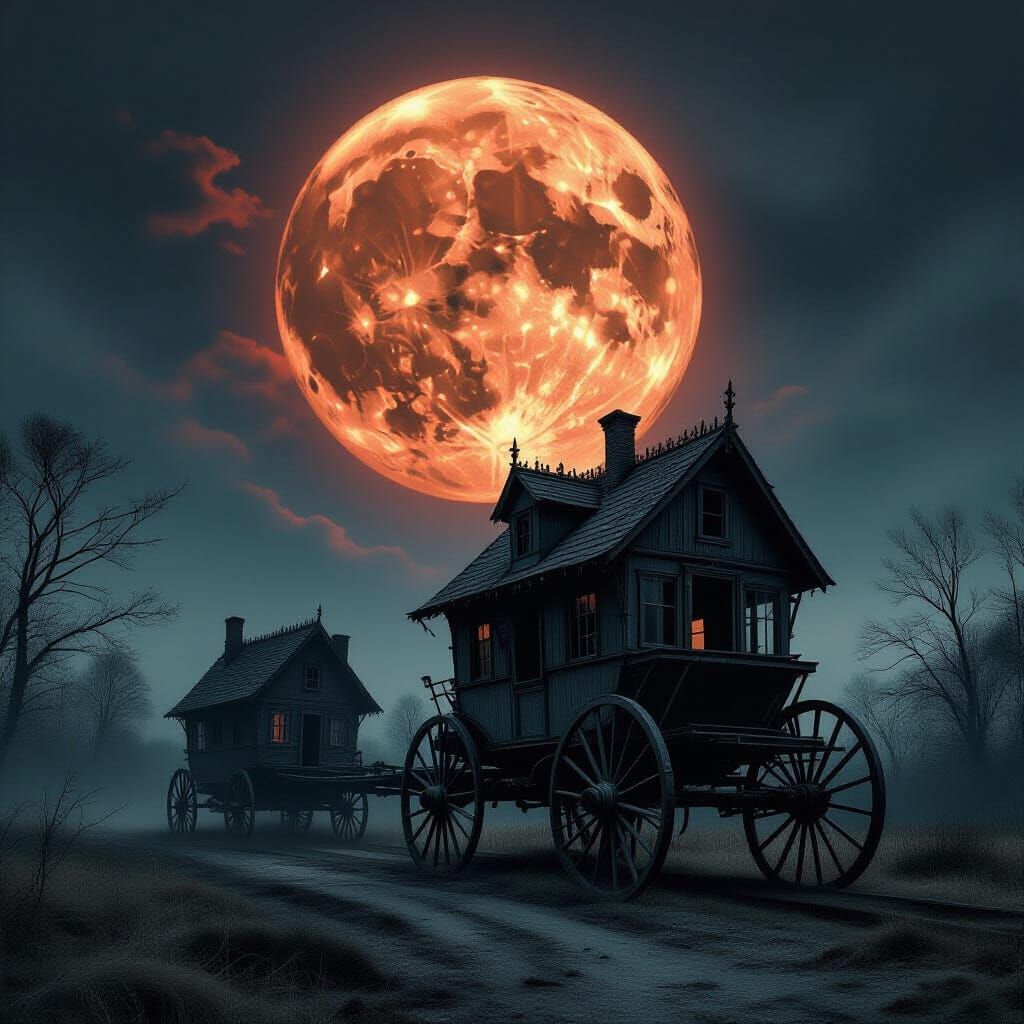 Ominous Blood Moon Illuminates Abandoned Carriage