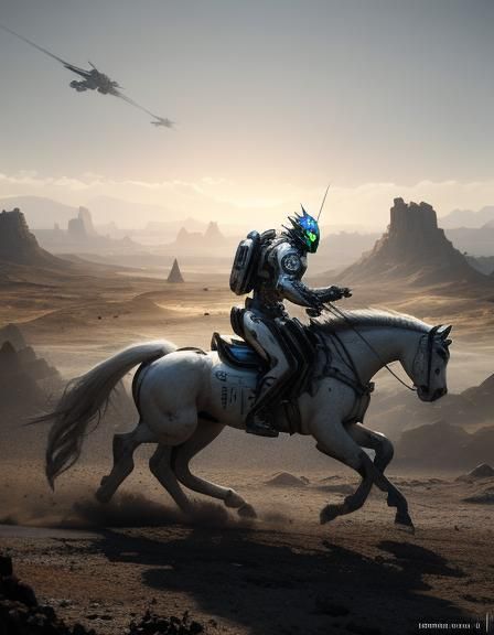 Futuristic White Mech Horse Galloping, Sci-Fi Concept Art