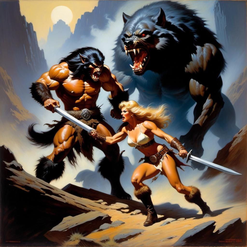 Barbarian Woman vs Werewolf in Frazetta Style