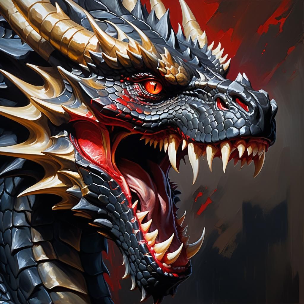 Dragon Eye Close-up in Gold and Black Oil Painting