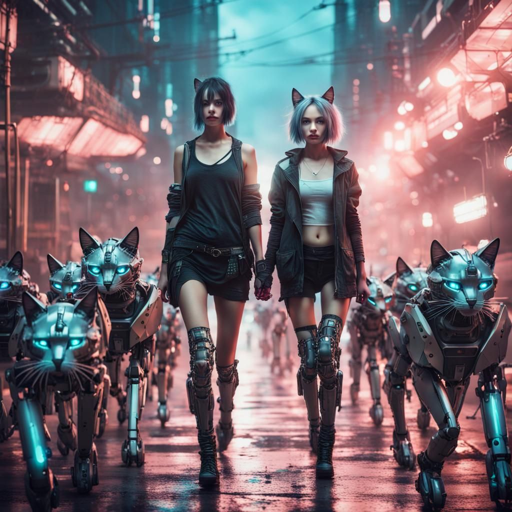 Cyberpunk Girl with Robot Cats in Ukiyo-e Style