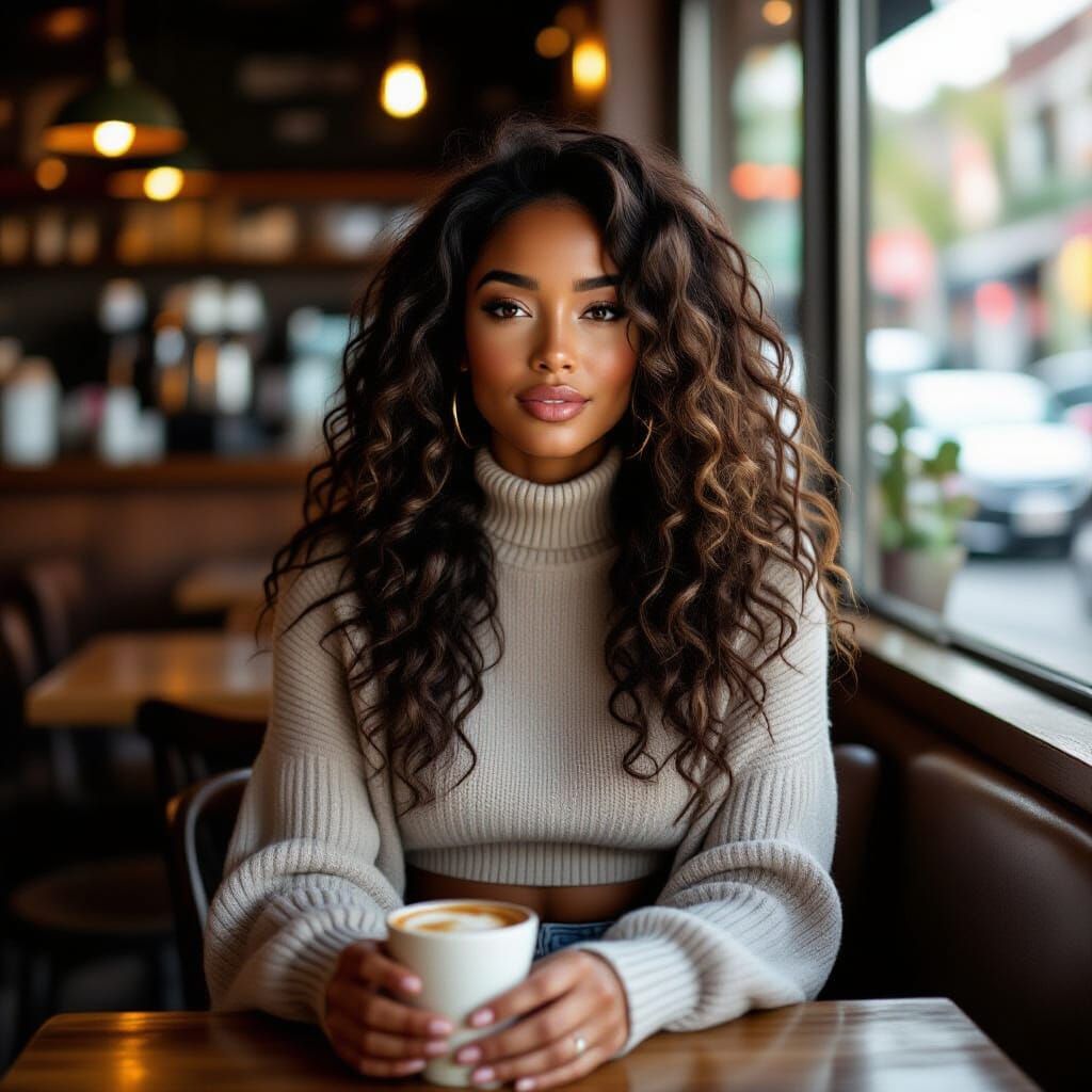 Serene Woman in Cozy Cafe, Cinematic Style