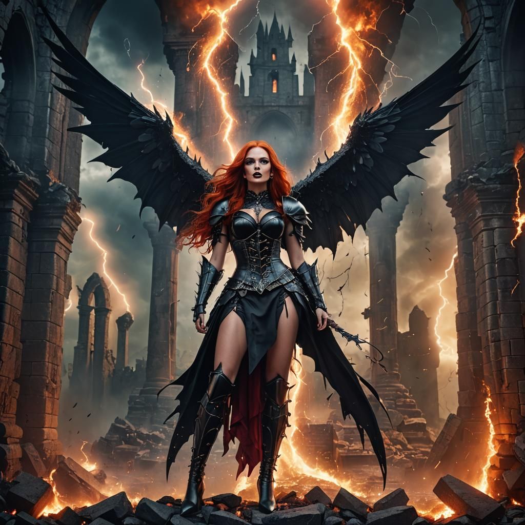 Dark Fantasy Goddess in Ruined Castle, Digital Art