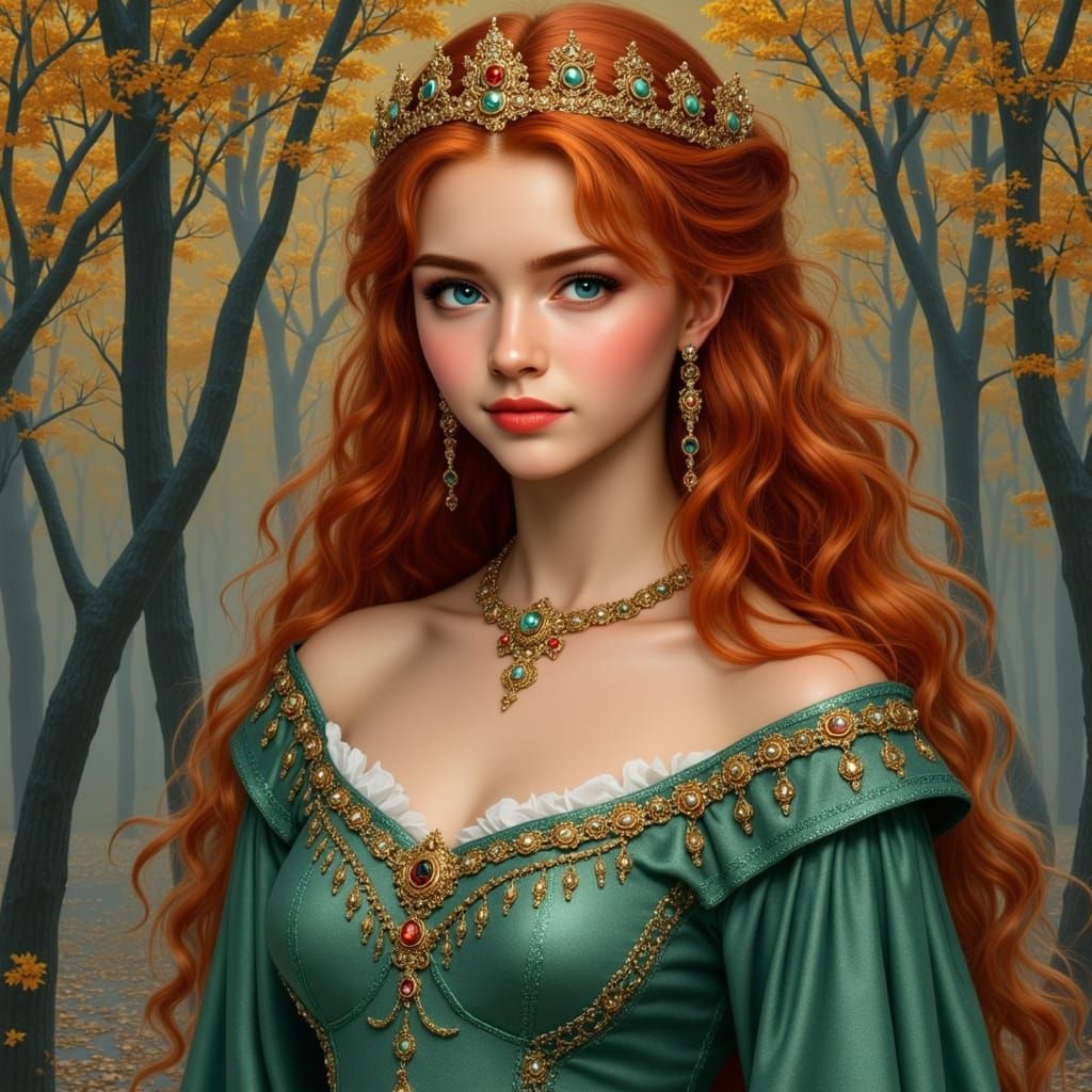 Queen Brunhilde in Autumn Forest, Art Nouveau Style