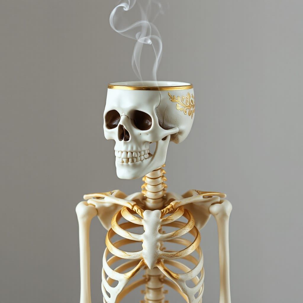 Skeleton with Coffee Cup Head Rises in Golden Artistry