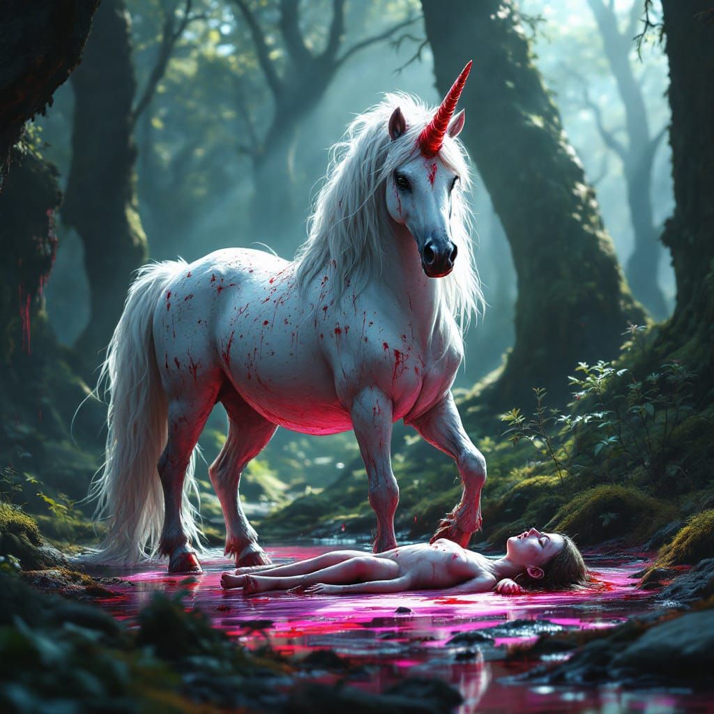 Bloodied Unicorn in Mystical Forest, Dark Fantasy Art
