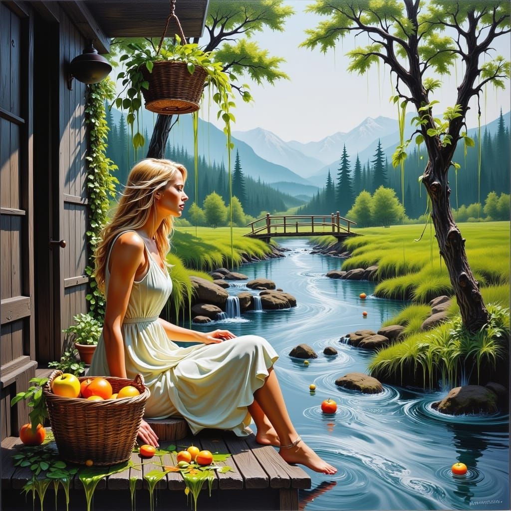 Woman by River in Vibrant Acrylic Pouring Style