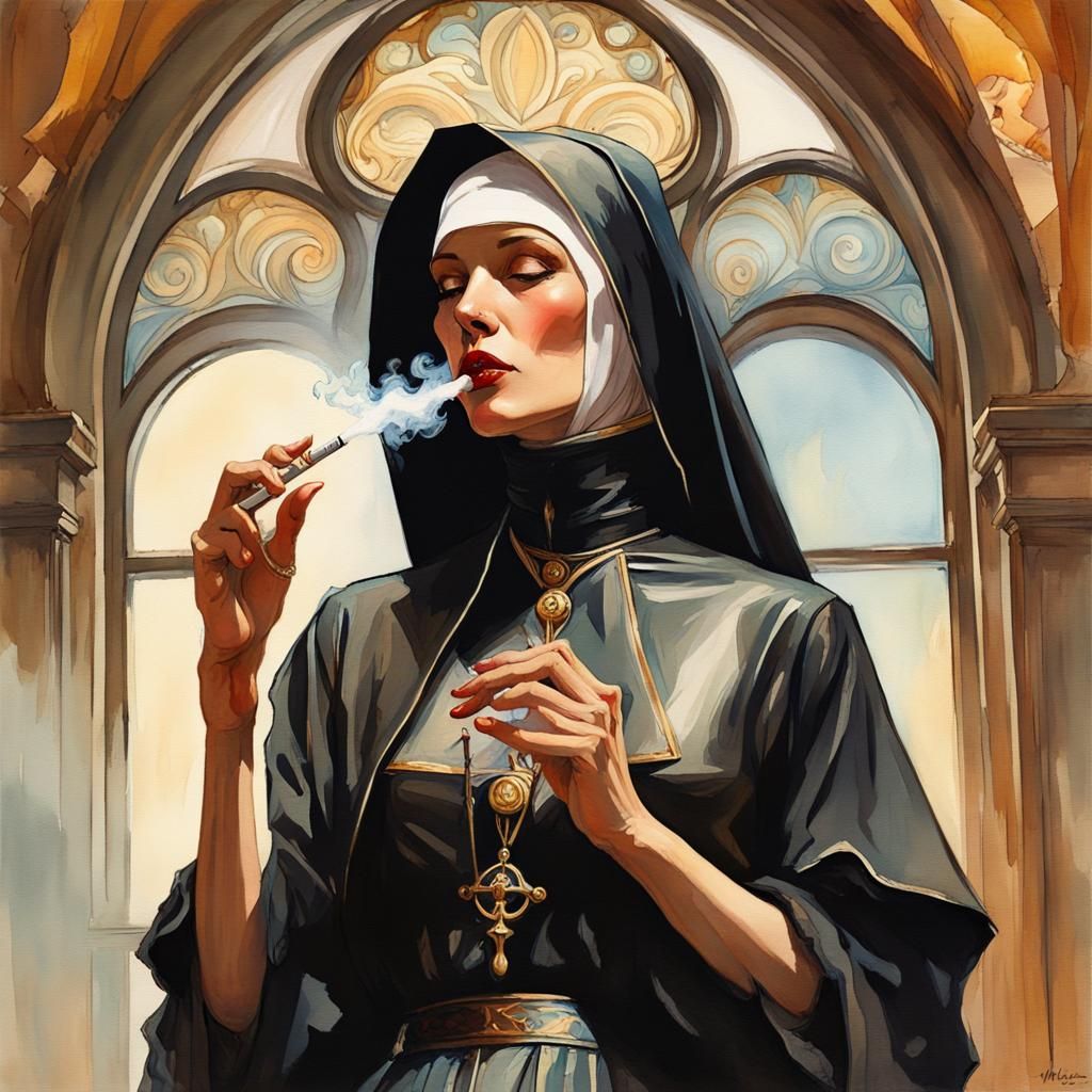 Gothic Nun Smoking, Gouache and Watercolor Style