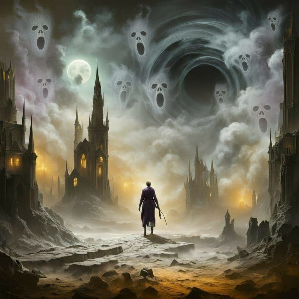 Haunted Surreal Landscape with Ghostly Forms and Ruins
